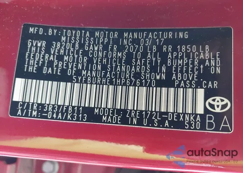 2017 Toyota Corolla L/Le/Xle/Se/Xse from USA, damaged, VIN 5YFBURHE1HP676170